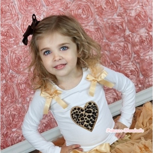 White Long Sleeves Top with Leopard Heart Print With Goldenrod Ruffles & Goldenrod Bow T264 